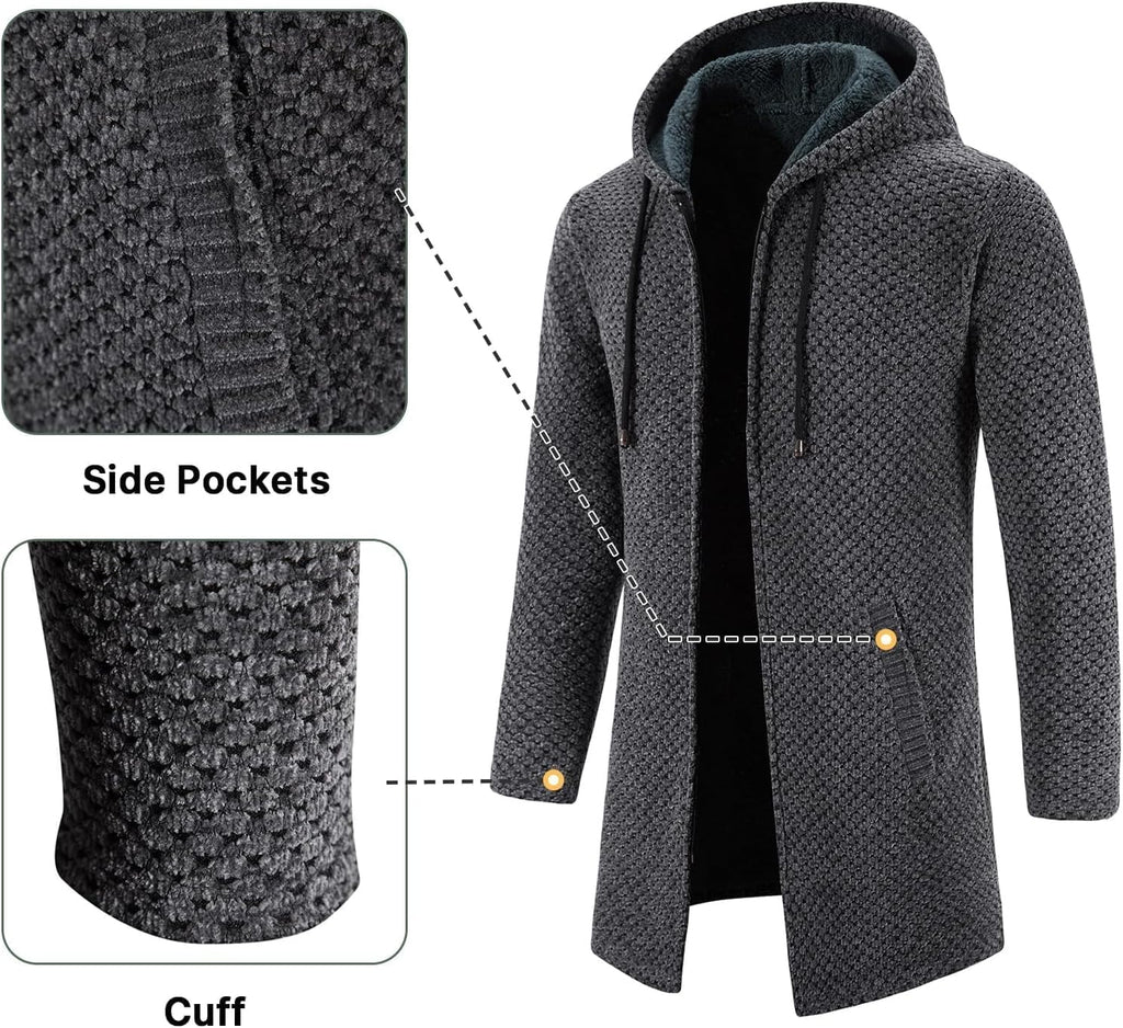 KUDORO Herrcardigan lång väst med dragkedja stickad kofta huvtröja tjock och ledig fleece tröja huvtröja
