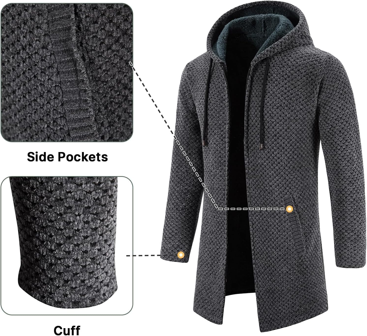 KUDORO Herrcardigan lång väst med dragkedja stickad kofta huvtröja tjock och ledig fleece tröja huvtröja