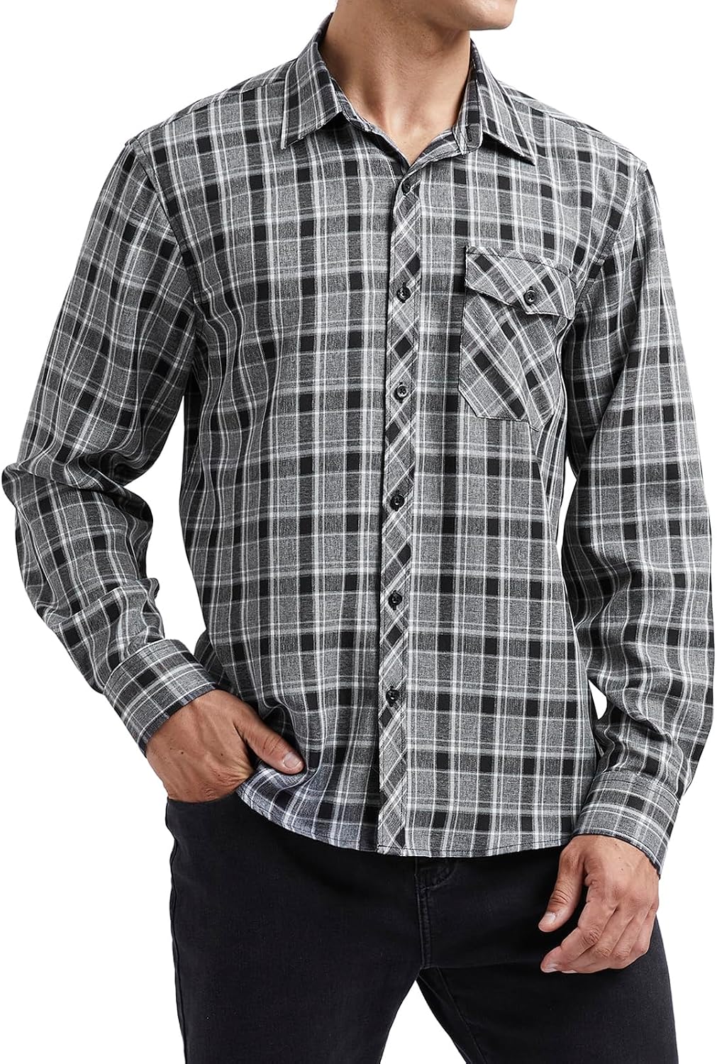 HISDERN Långärmad vardaglig rutig flanellskjorta rutig tartan button-down-skjortor för män S-4XL