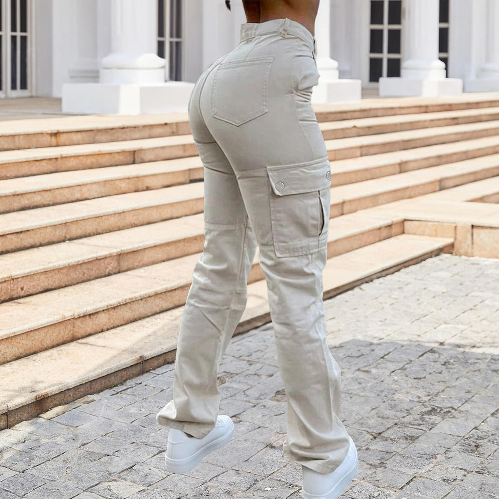 Cargobyxor för kvinnor hög midja raka ben vardagliga arbetsbyxor multi lös passform streetwear byxor
