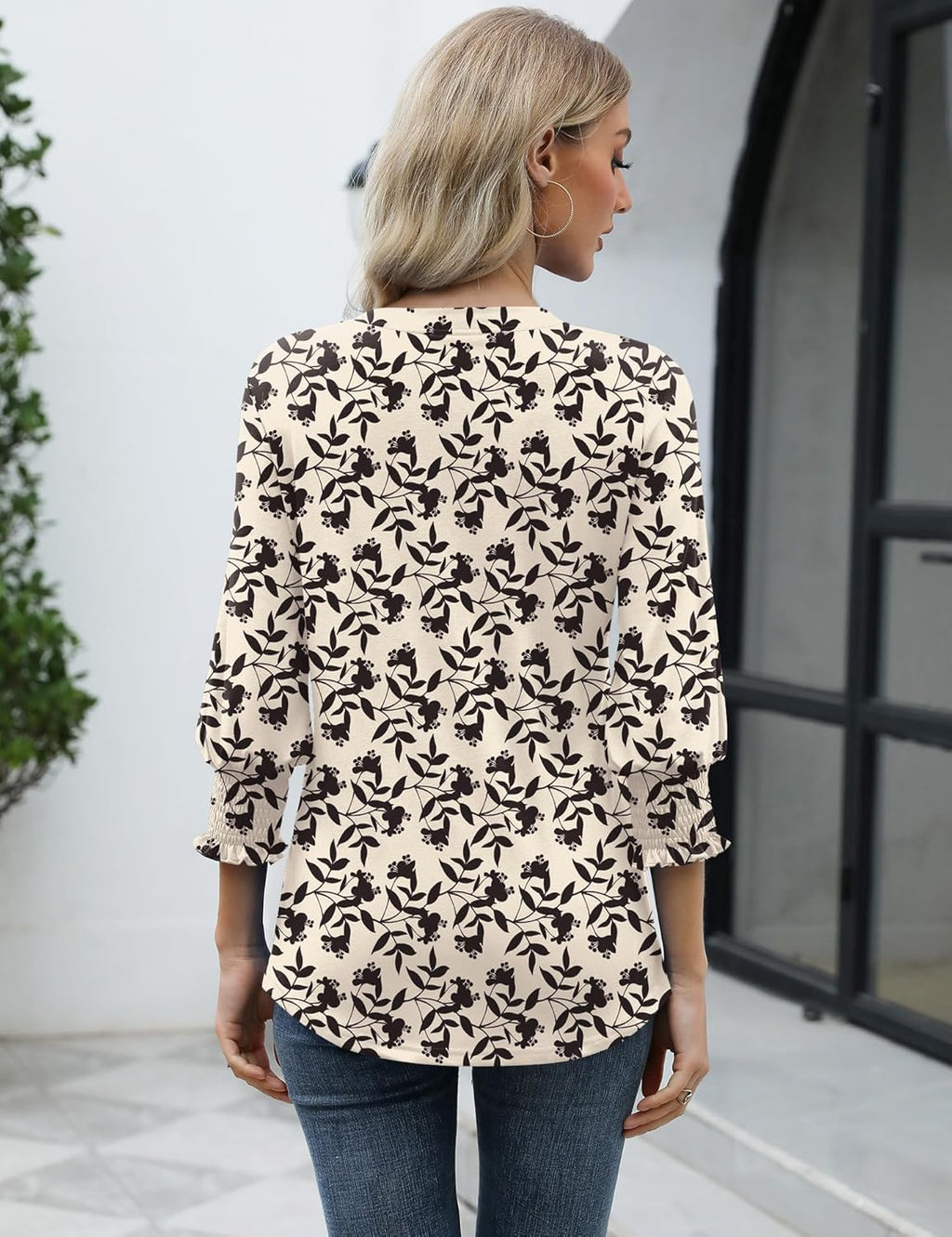 Rapbin Damblus med 3/4-ärm, lång V-ringad tunika, sommartopp, elegant, ledig blus, topp