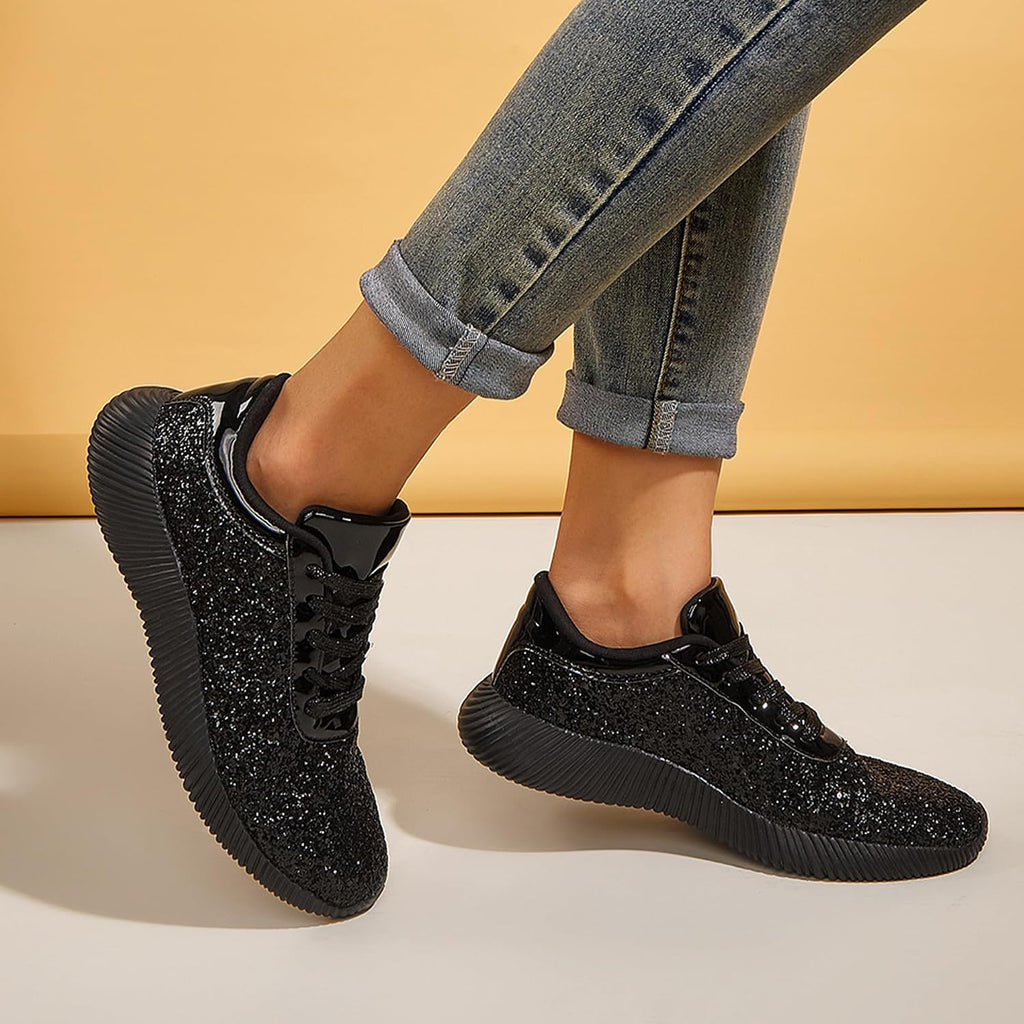 LUCKY STEP Briljanta sneakers för kvinnor med strass och metallpaljetter, lätta tennisskor