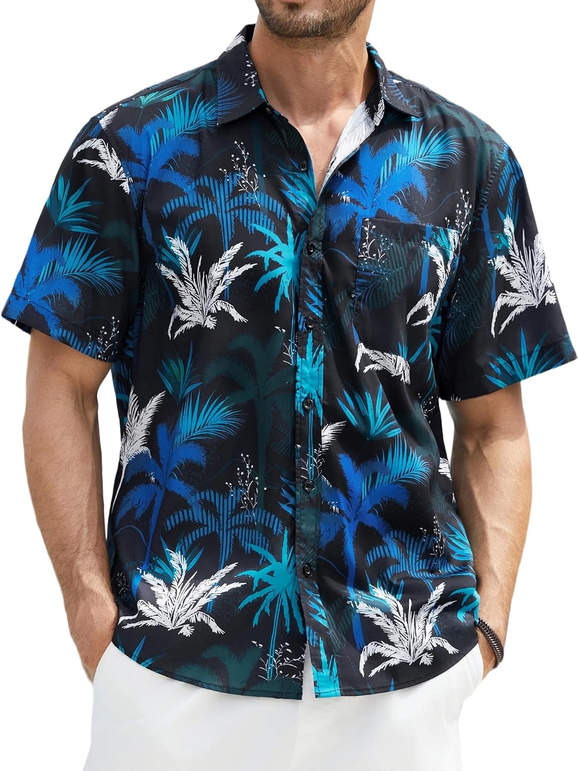 Enlision Funky Hawaii-skjorta för män, kortärmad, fritid, Hawaii-skjorta, tryck, ananas palmer, blommor, ledig, unisex, Hawaii-skjorta med framficka, S-2XL