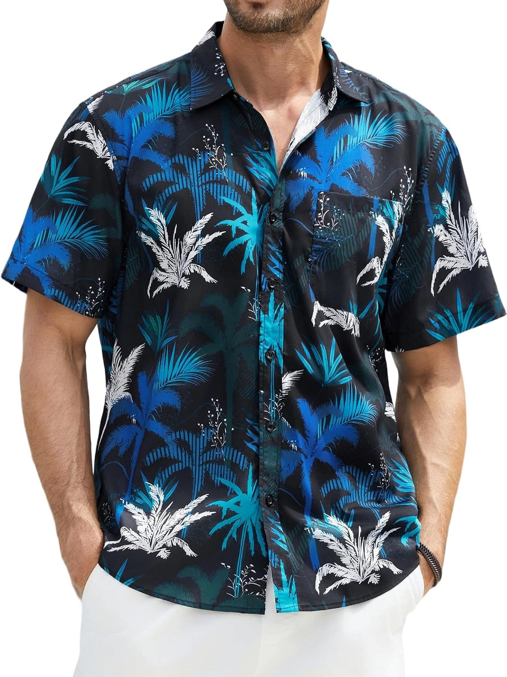 Enlision Funky Hawaii-skjorta för män, kortärmad, fritid, Hawaii-skjorta, tryck, ananas palmer, blommor, ledig, unisex, Hawaii-skjorta med framficka, S-2XL