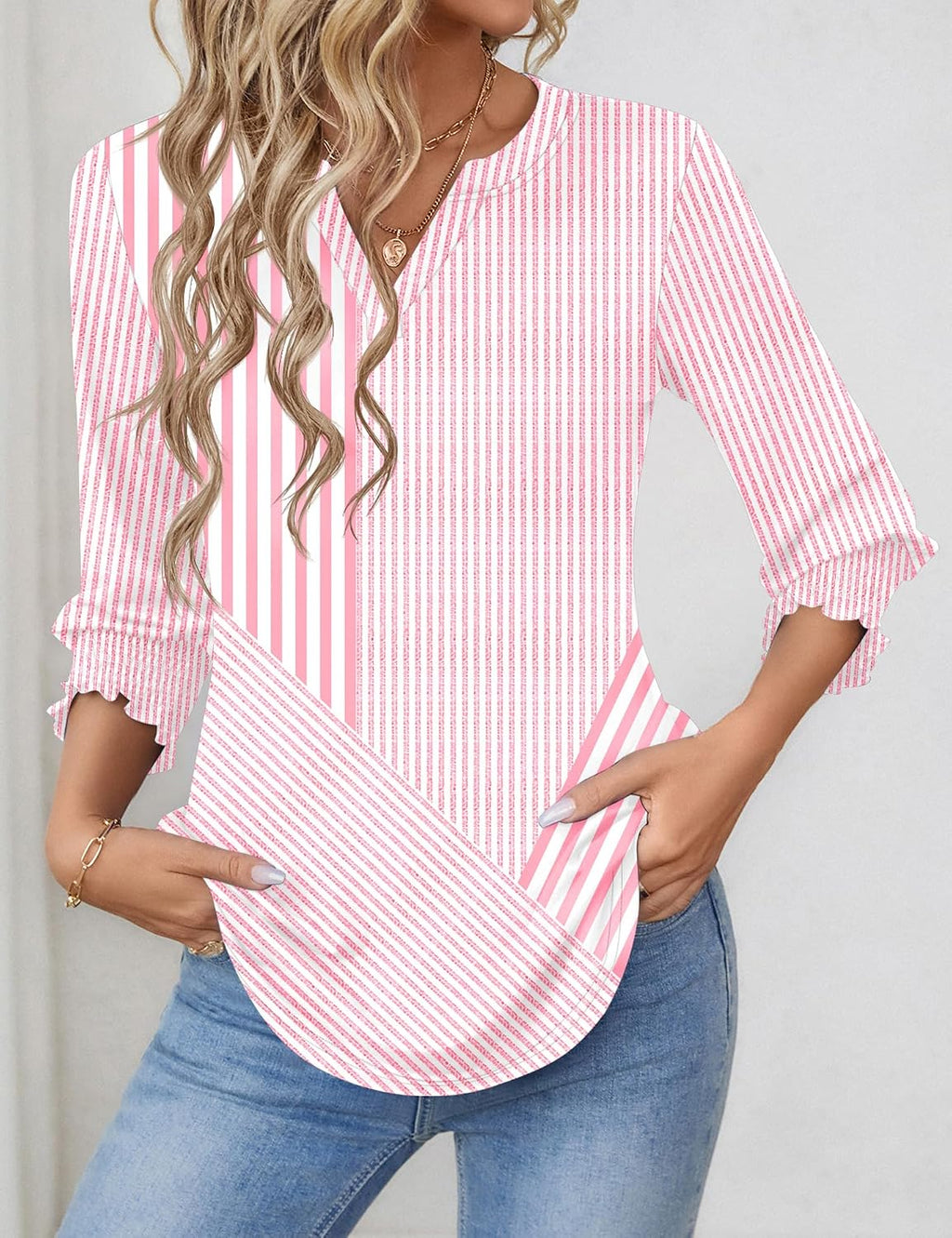 Rapbin Damblus med 3/4-ärm, lång V-ringad tunika, sommartopp, elegant, ledig blus, topp