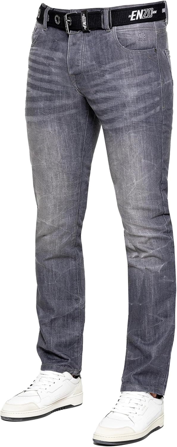 989Zé ENZO Herrjeans klassiska raka ben vardaglig bomull normal passform denim byxor gratis bälte