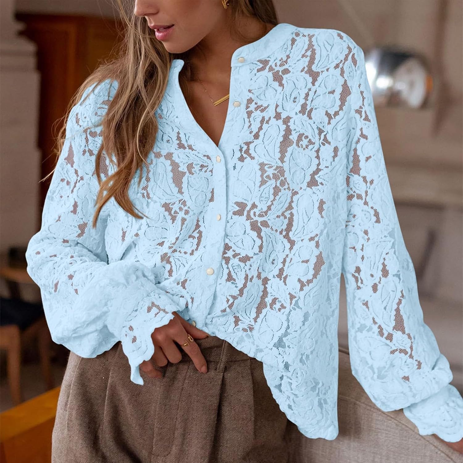 Festliga blusar damer elegant med spets: spets topp damer röd – spetsblus vintage v-ringad blusar tunika lös långärmad skjorta enfärgad spets toppar blus skjorta damblusar