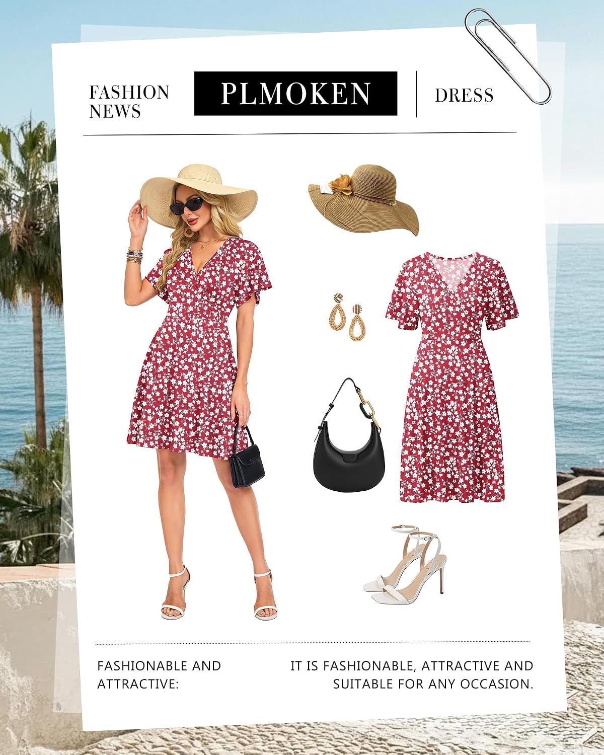 PLMOKEN Sommarklänning för damer, kort omlottklänning, damer, sommar, empire-midja, kortärmad strandklänning, luftig, flytande klänning med v-ringning, blomma och fickor