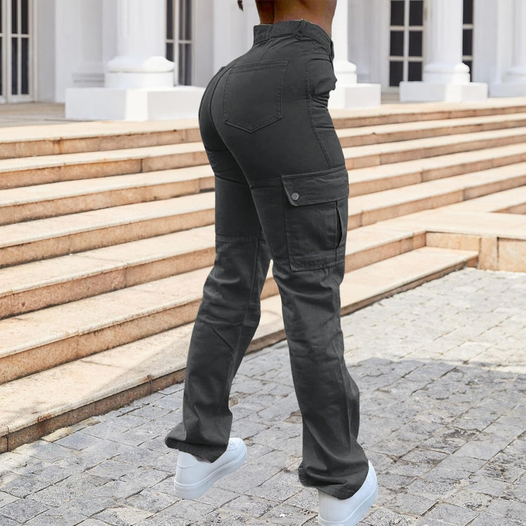 Cargobyxor för kvinnor hög midja raka ben vardagliga arbetsbyxor multi lös passform streetwear byxor