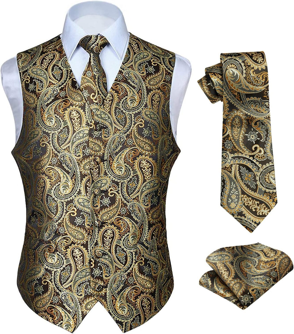 Hisdern Herrväst med paisleymönster, blommig jacquard-slips, bröstnäsduk och näsduk, perfekt för bröllop, fest eller affärsmöten, väst-set för kostym i storlekarna XS–6XL