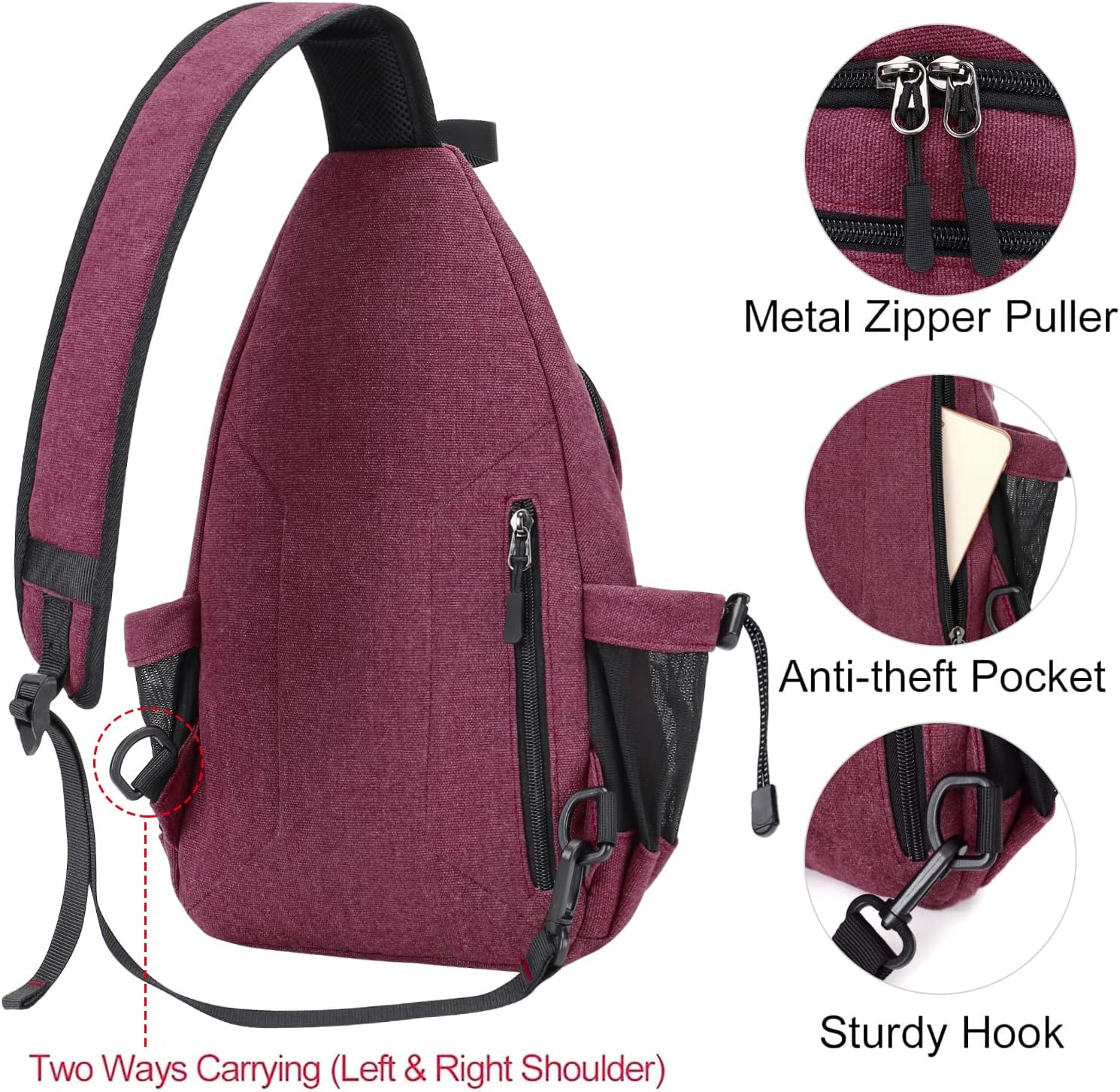 MOSISO Ryggsäck för slinga, kanvas crossbody vandring vardagsväska väska med stöldficka