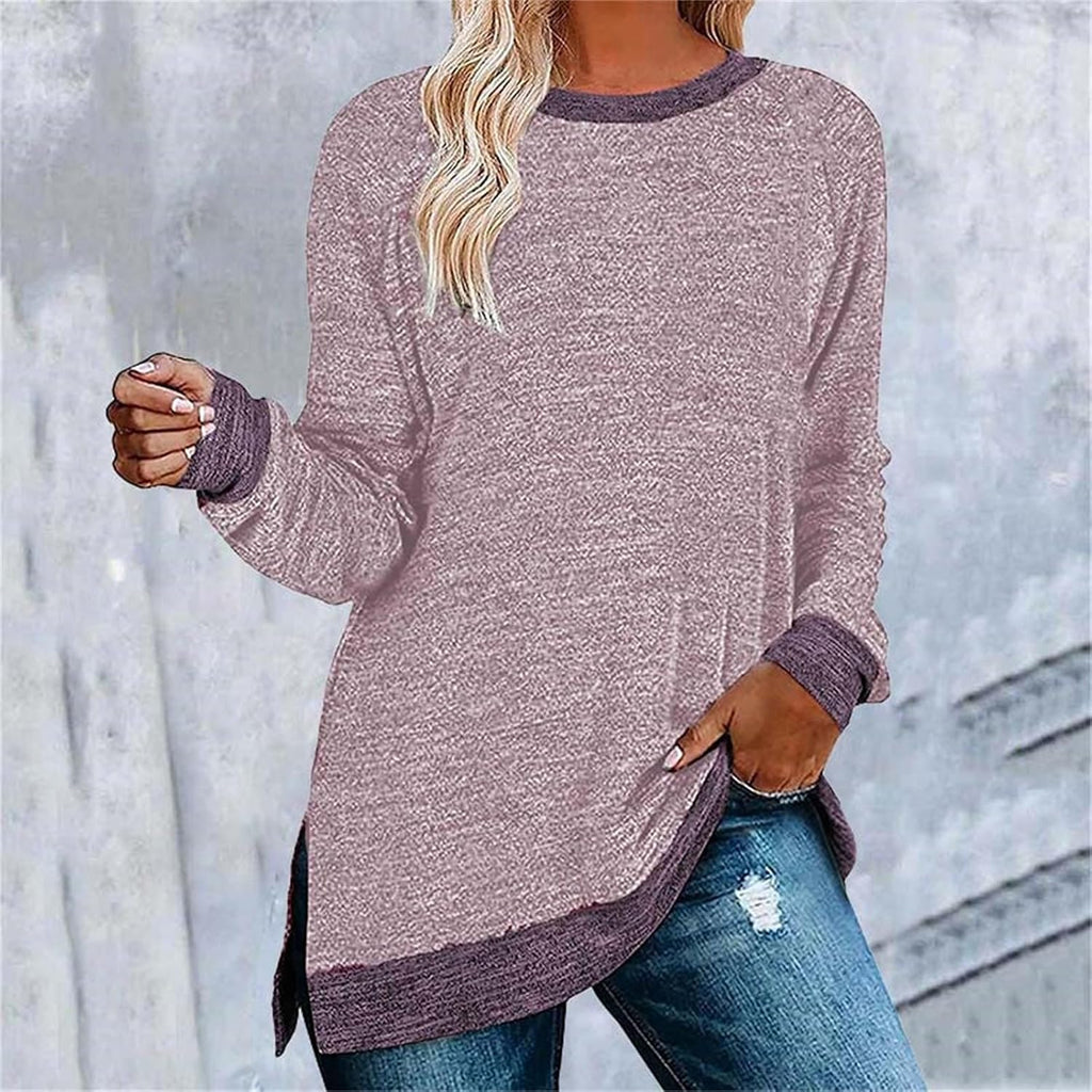 HUIFUAO T-shirt för kvinnor långärmad rund hals färgblock delad topp lös pullover topp skjorta kvinnor svart plus size t-shirt