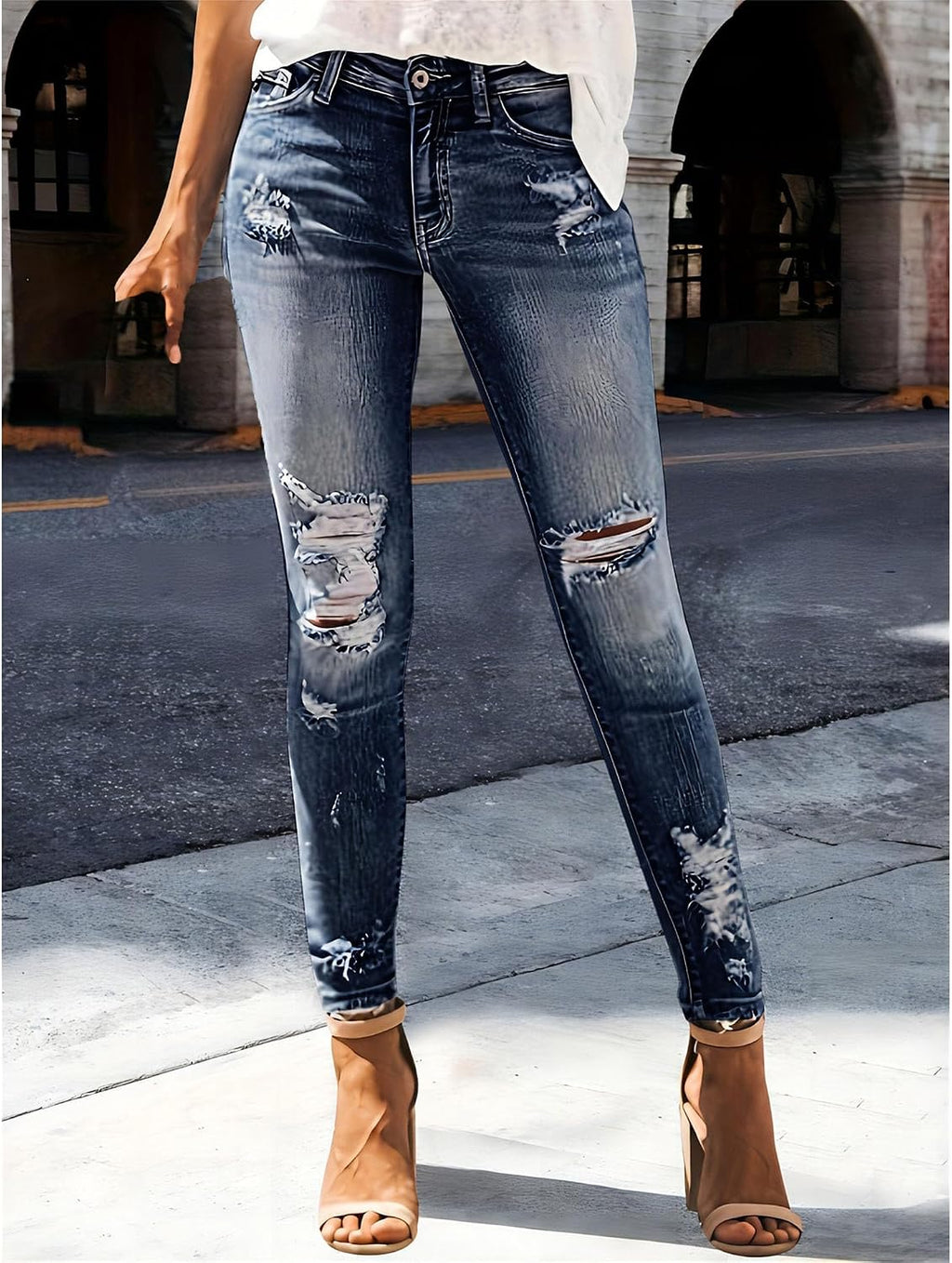 Trendiga jeans för kvinnor 2025 Skinny Ripped Trendiga jeans Distressed Stretchy jeansbyxor