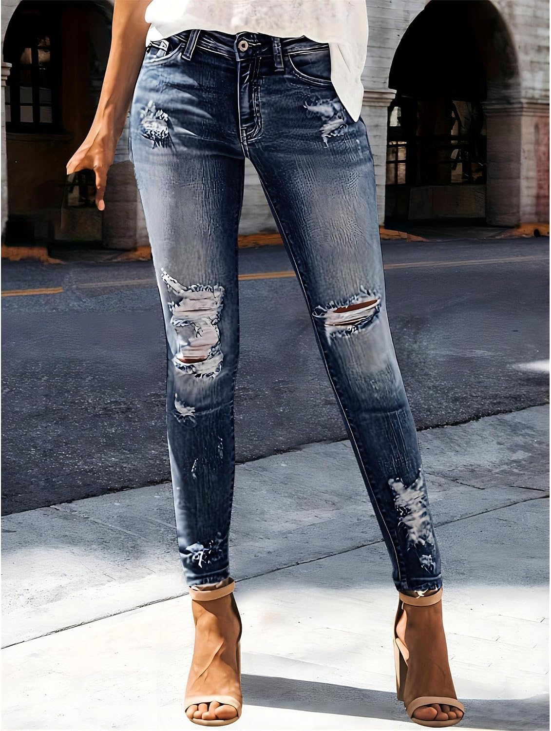 Trendiga jeans för kvinnor 2025 Skinny Ripped Trendiga jeans Distressed Stretchy jeansbyxor
