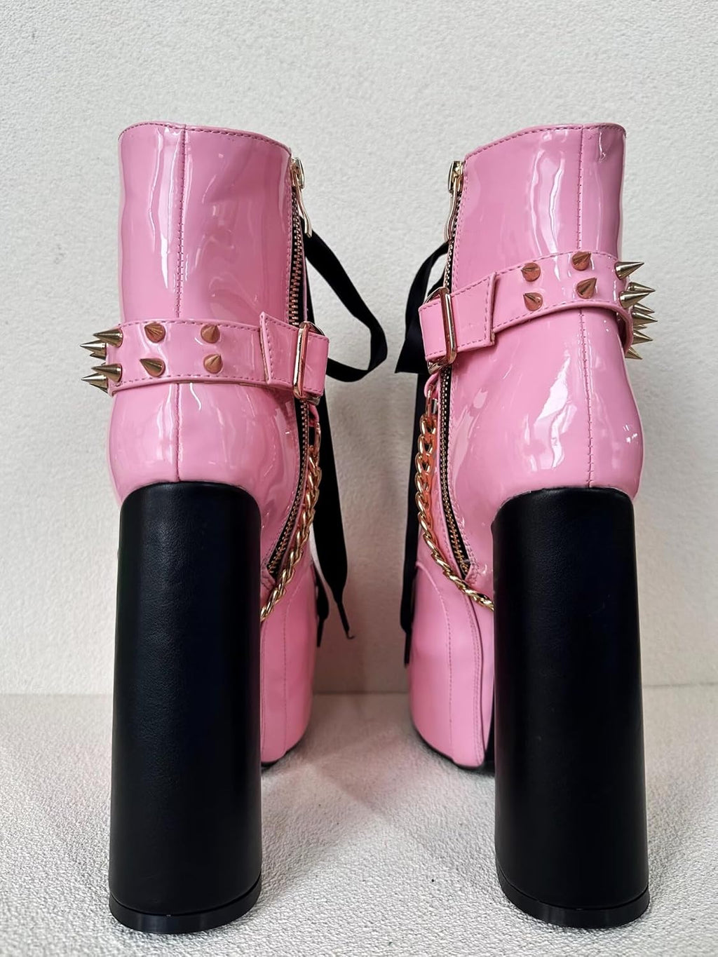 Frankie Hsu Sexig Chunky Plattform Ankel Högklackad Bootie, Söt Härlig Rosa Patent Guldkedja Nitar Lollita Gotisk Boot, Stor Stor Storlek US5-19 Skor för Kvinnor Män