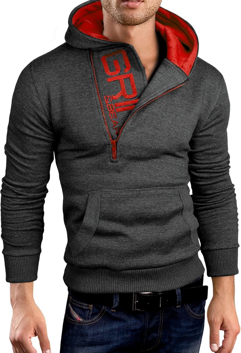 Grin&Bear Slim Fit halv dragkedja huvtröja jacka broderad tröja, GEC401