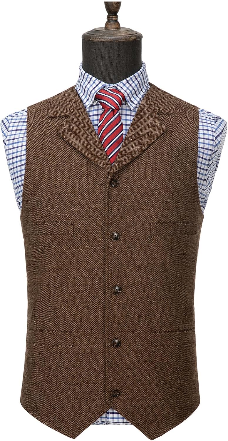 Ceehuteey Herr kostymväst i tweed med retro v-hals i ull och fiskbensmönster för bal