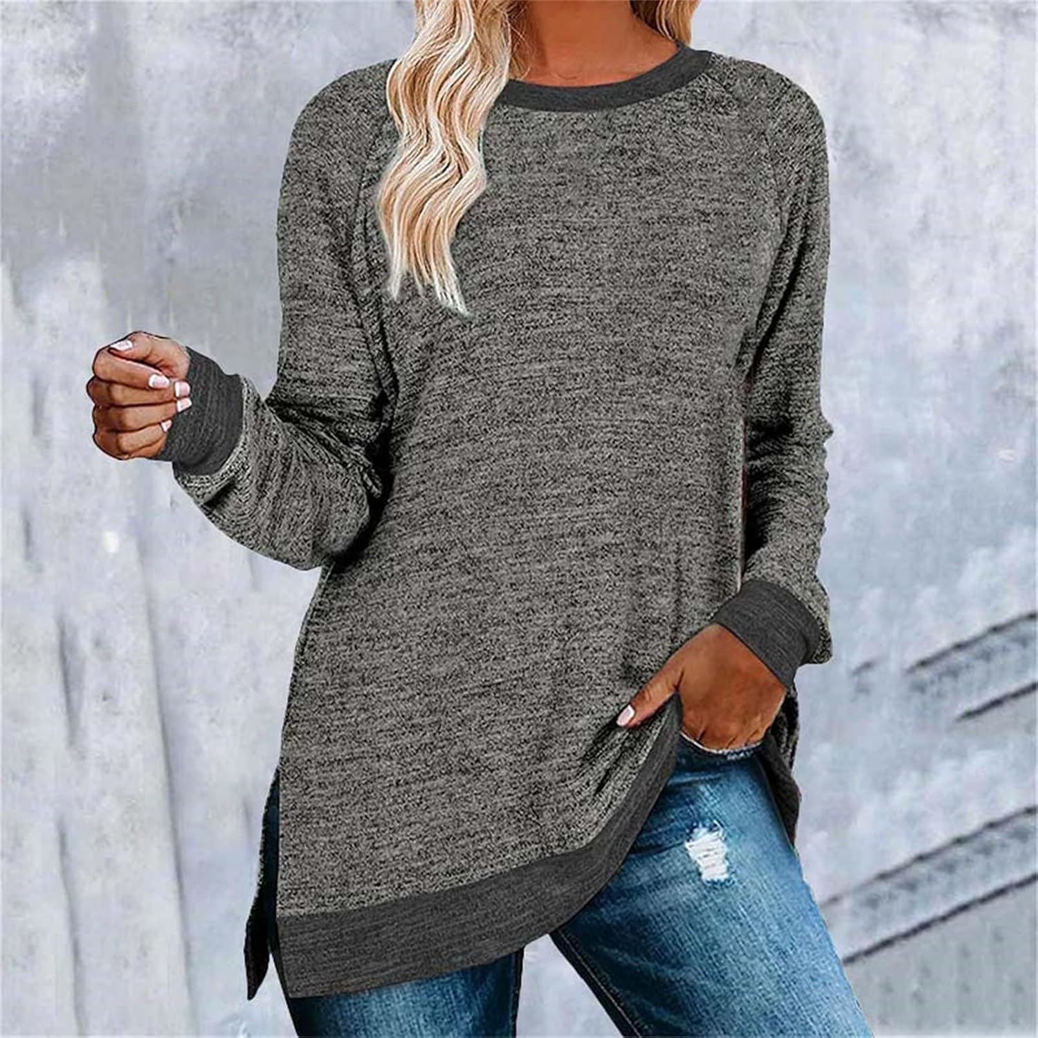 HUIFUAO T-shirt för kvinnor långärmad rund hals färgblock delad topp lös pullover topp skjorta kvinnor svart plus size t-shirt