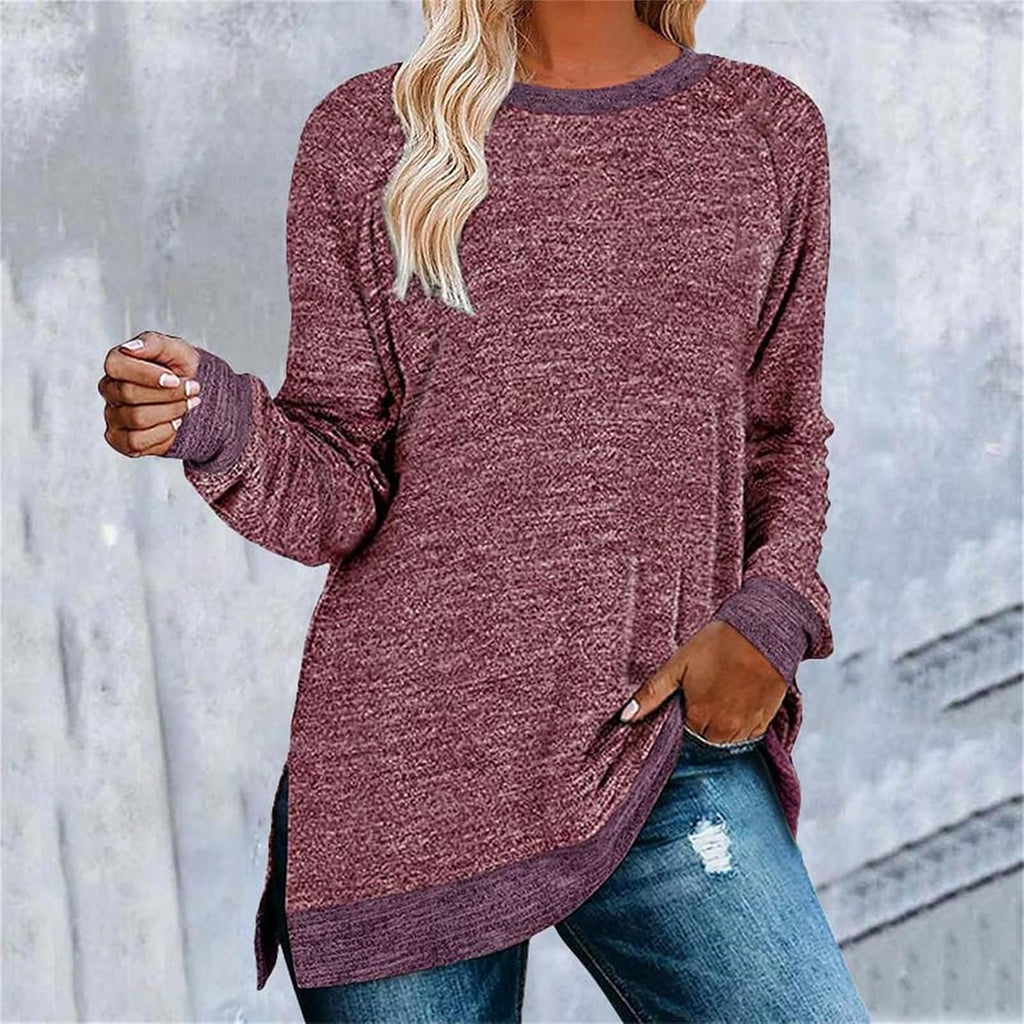 HUIFUAO T-shirt för kvinnor långärmad rund hals färgblock delad topp lös pullover topp skjorta kvinnor svart plus size t-shirt