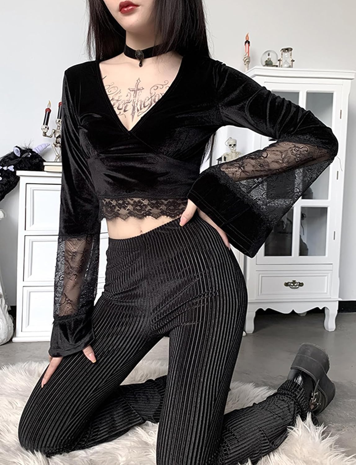 FEOYA Spets/PU gotisk väst för kvinnor sexig ärmlös punk magtröja kort/långärmad snörning toppar för halloween/cosplay/karneval/streetwear/fest/klubb/vardaglig XS-XL