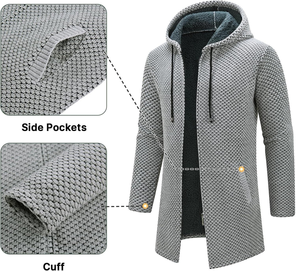 KUDORO Herrcardigan lång väst med dragkedja stickad kofta huvtröja tjock och ledig fleece tröja huvtröja