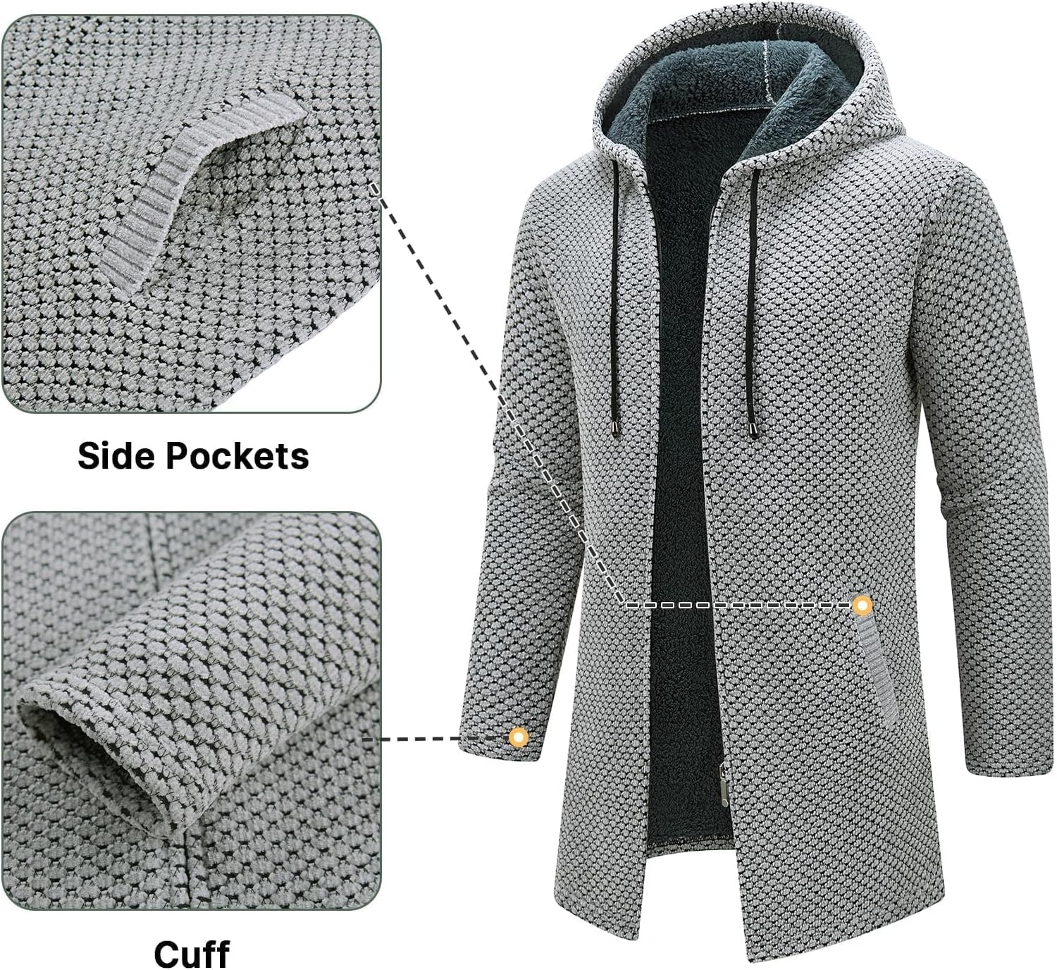 KUDORO Herrcardigan lång väst med dragkedja stickad kofta huvtröja tjock och ledig fleece tröja huvtröja