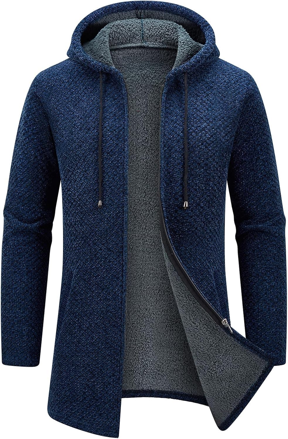 KUDORO Herrcardigan lång väst med dragkedja stickad kofta huvtröja tjock och ledig fleece tröja huvtröja