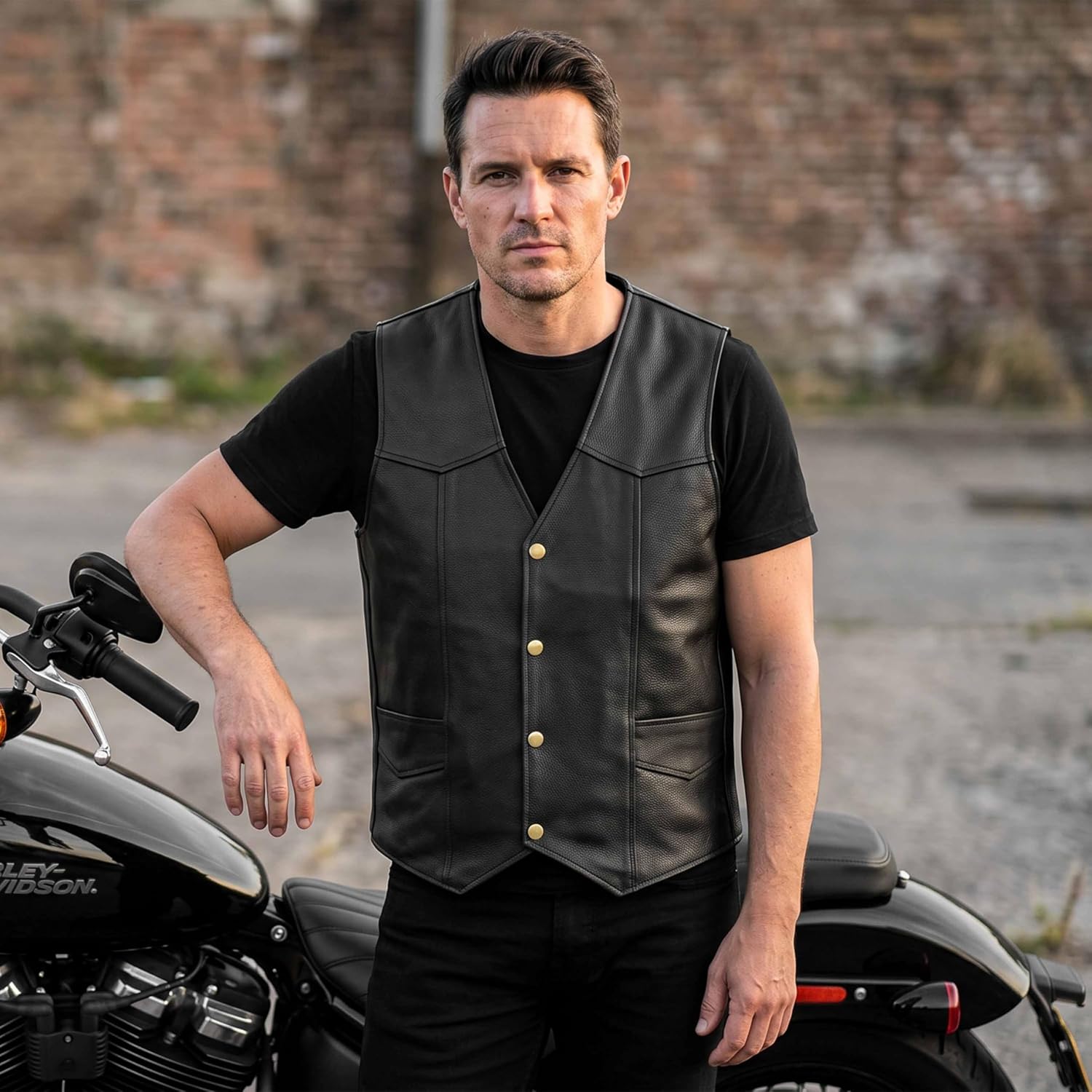 Leatherick män äkta läder väst svart - cyklist stil casual mode