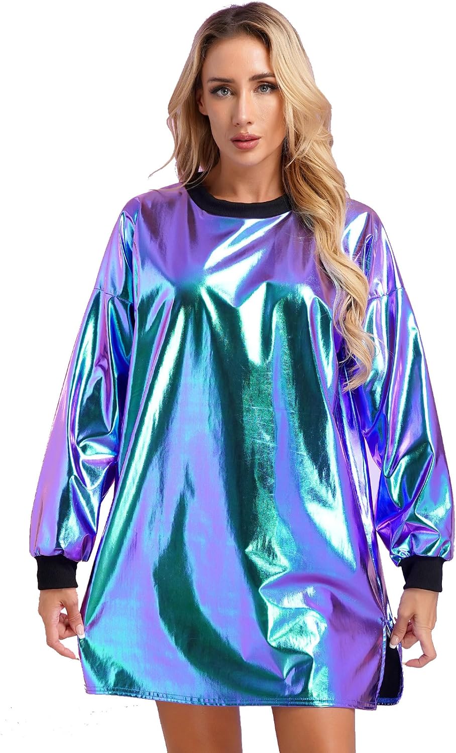 Kvinnlig Metallisk Glänsande Discodans Tshirtklänning Med Långa Ärmar Och Ribbade Kantar Slapp Och Rakt Cut