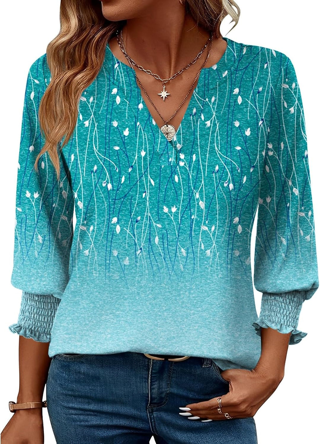 Rapbin Damblus med 3/4-ärm, lång V-ringad tunika, sommartopp, elegant, ledig blus, topp