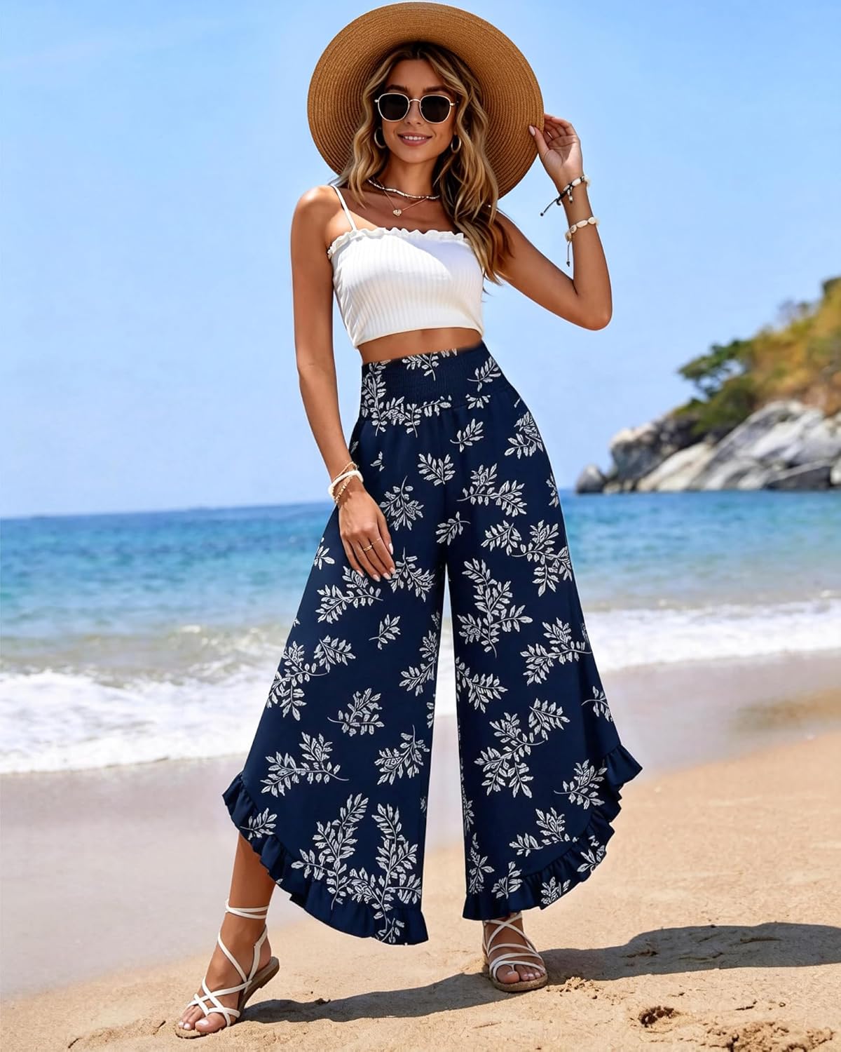 IEEILULU Breda ben byxor för kvinnor – sommar casual palazzo byxor dam strand boho lounge hög midja blommiga byxor byxor