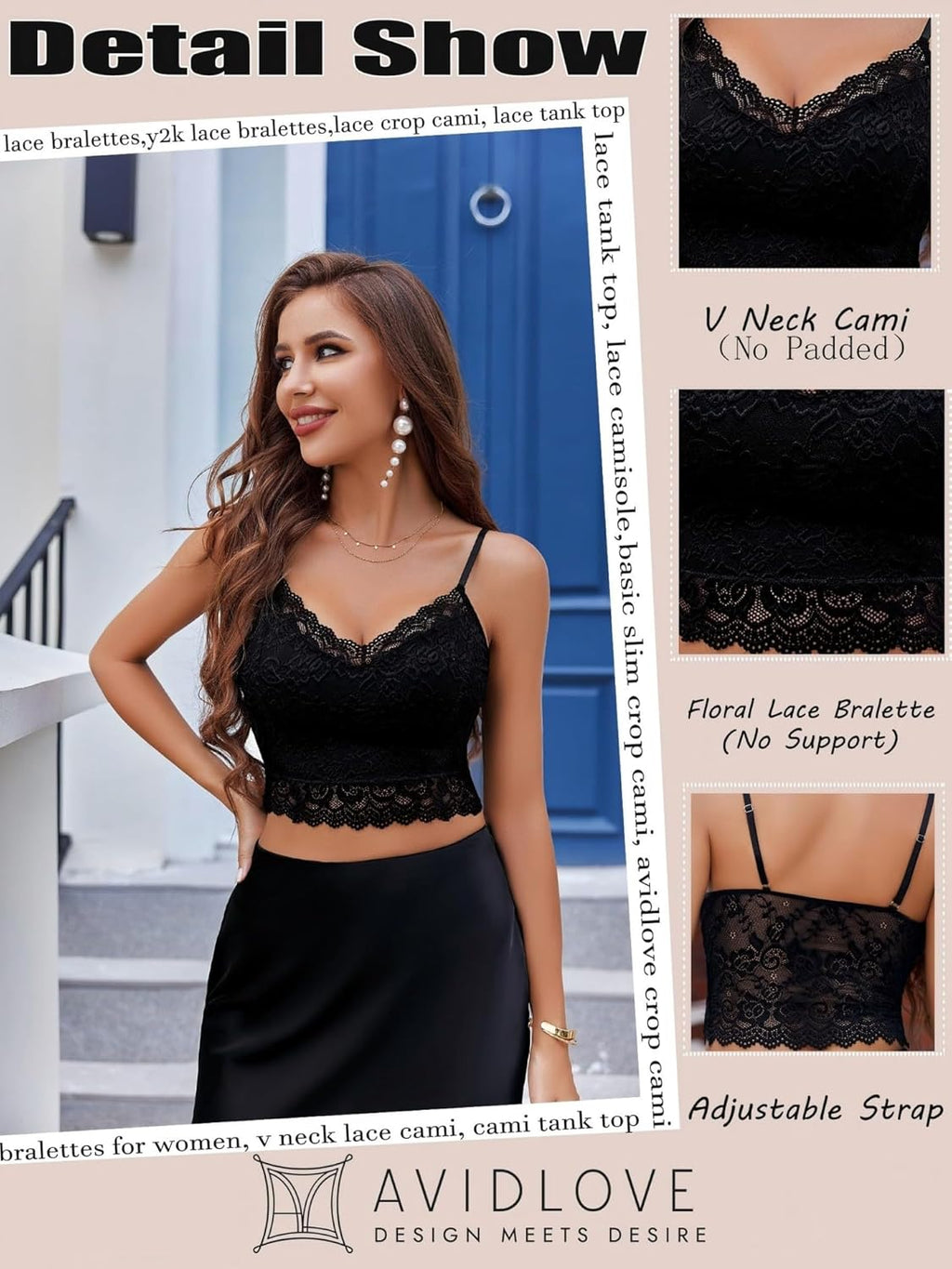Avidlove dam spets bustier topp sexig bralette undertröja basic spagettiremmar camisole V-ringad rygg urtagning design tank toppar crop