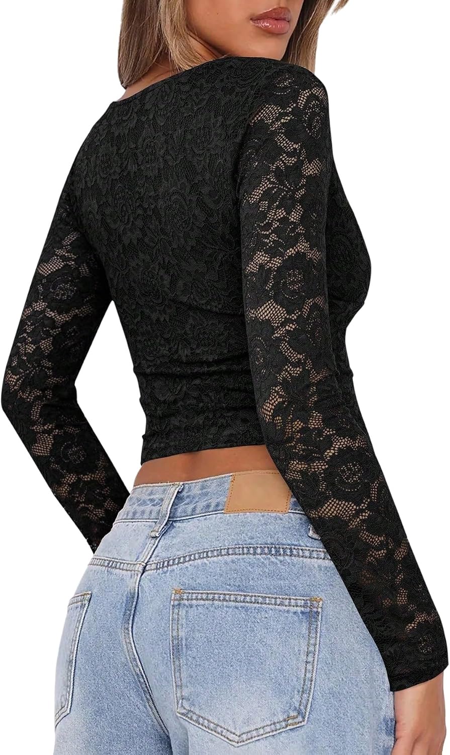GORGLITTER Damblus, elegant crop topp, djup V-ringning, damblus, långärmad damtopp med transparent spets, enfärgad topp klippt ut
