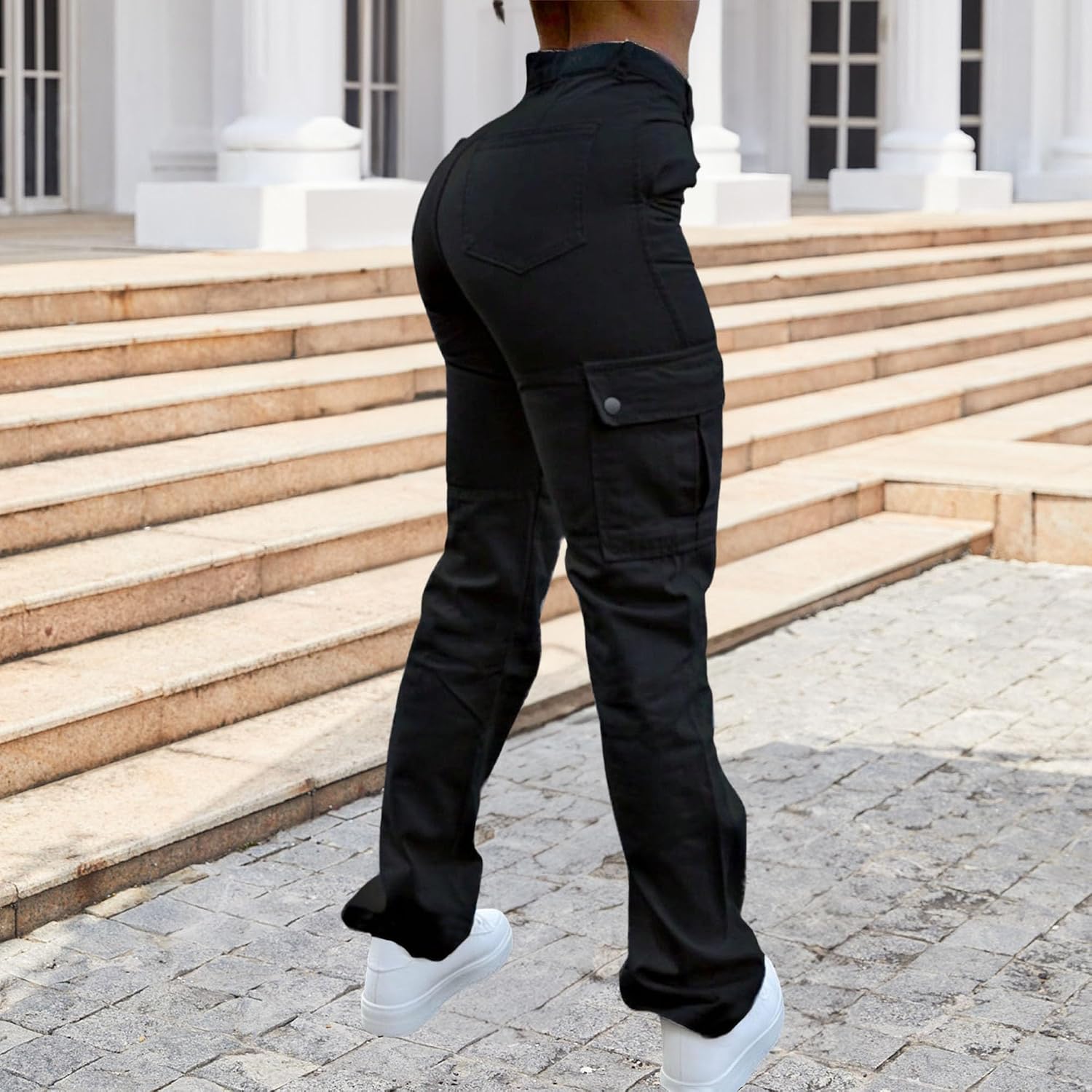 Cargobyxor för kvinnor hög midja raka ben vardagliga arbetsbyxor multi lös passform streetwear byxor