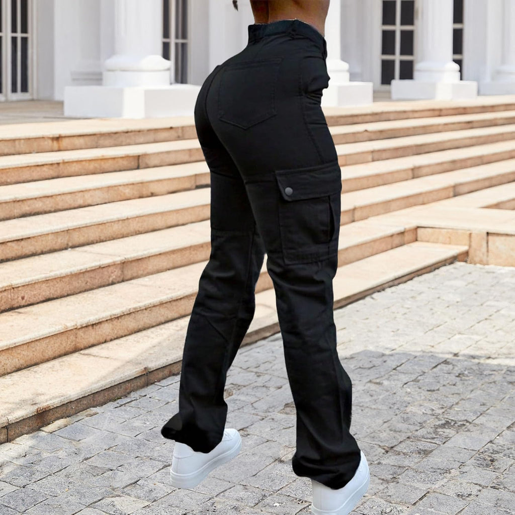 Cargobyxor för kvinnor hög midja raka ben vardagliga arbetsbyxor multi lös passform streetwear byxor