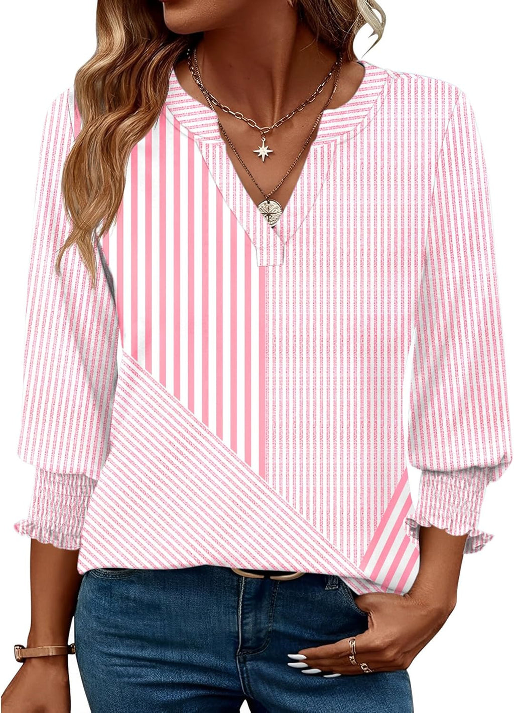 Rapbin Damblus med 3/4-ärm, lång V-ringad tunika, sommartopp, elegant, ledig blus, topp