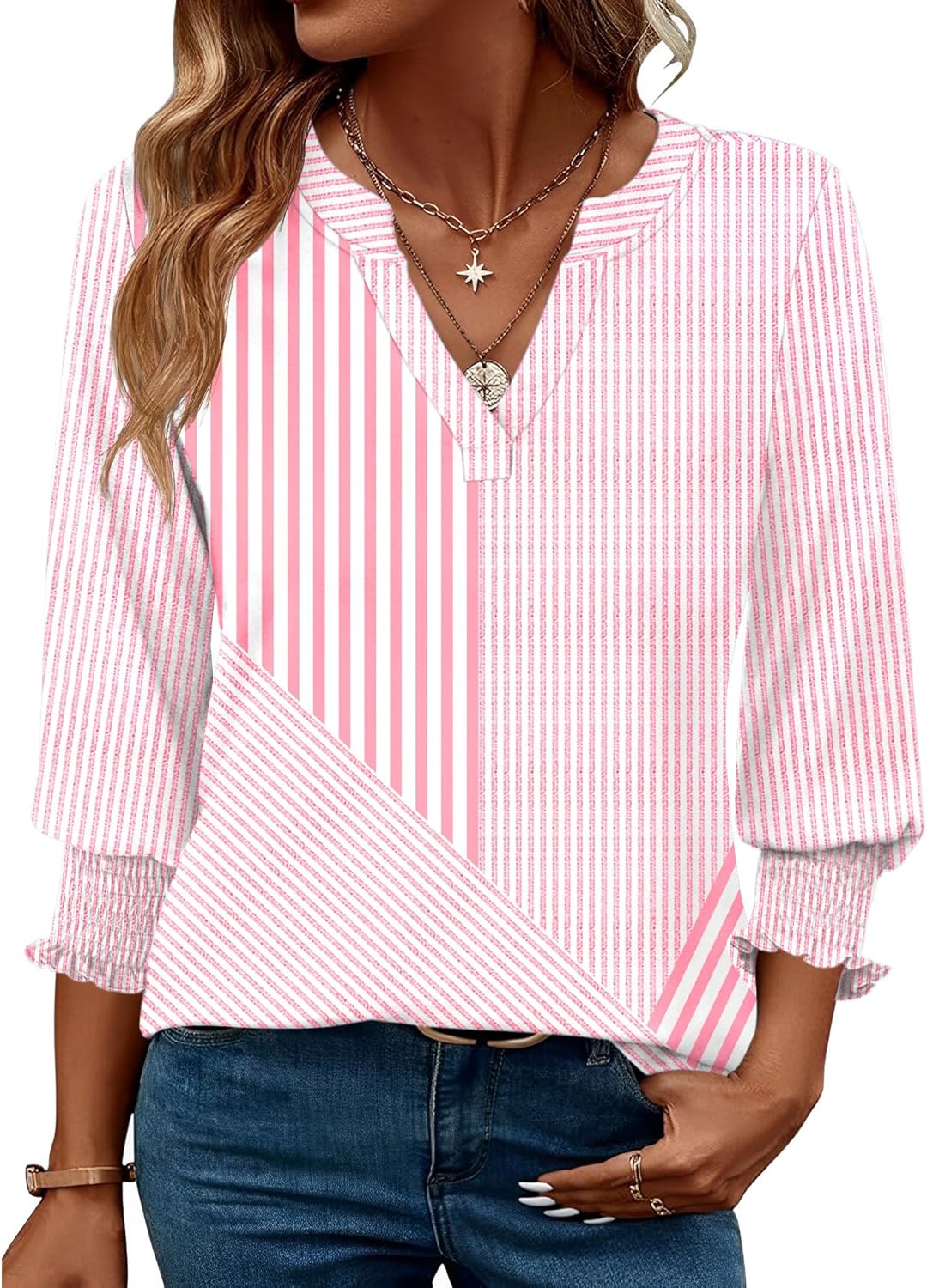 Rapbin Damblus med 3/4-ärm, lång V-ringad tunika, sommartopp, elegant, ledig blus, topp