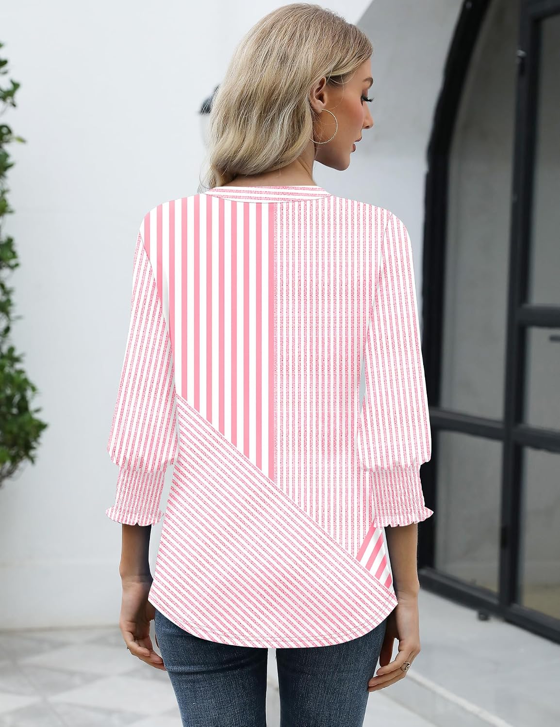 Rapbin Damblus med 3/4-ärm, lång V-ringad tunika, sommartopp, elegant, ledig blus, topp