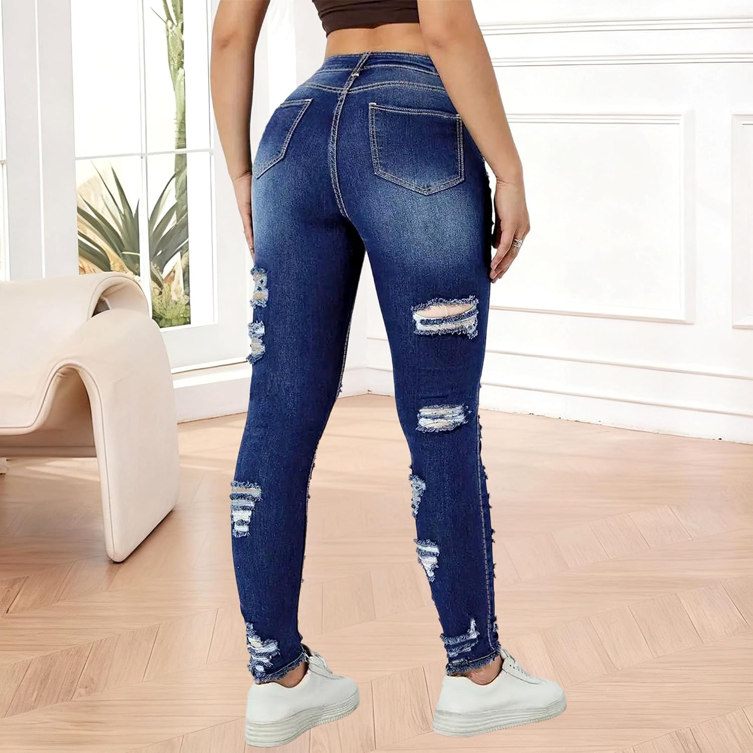 Dam plus size skinny hög midja rippade jeans