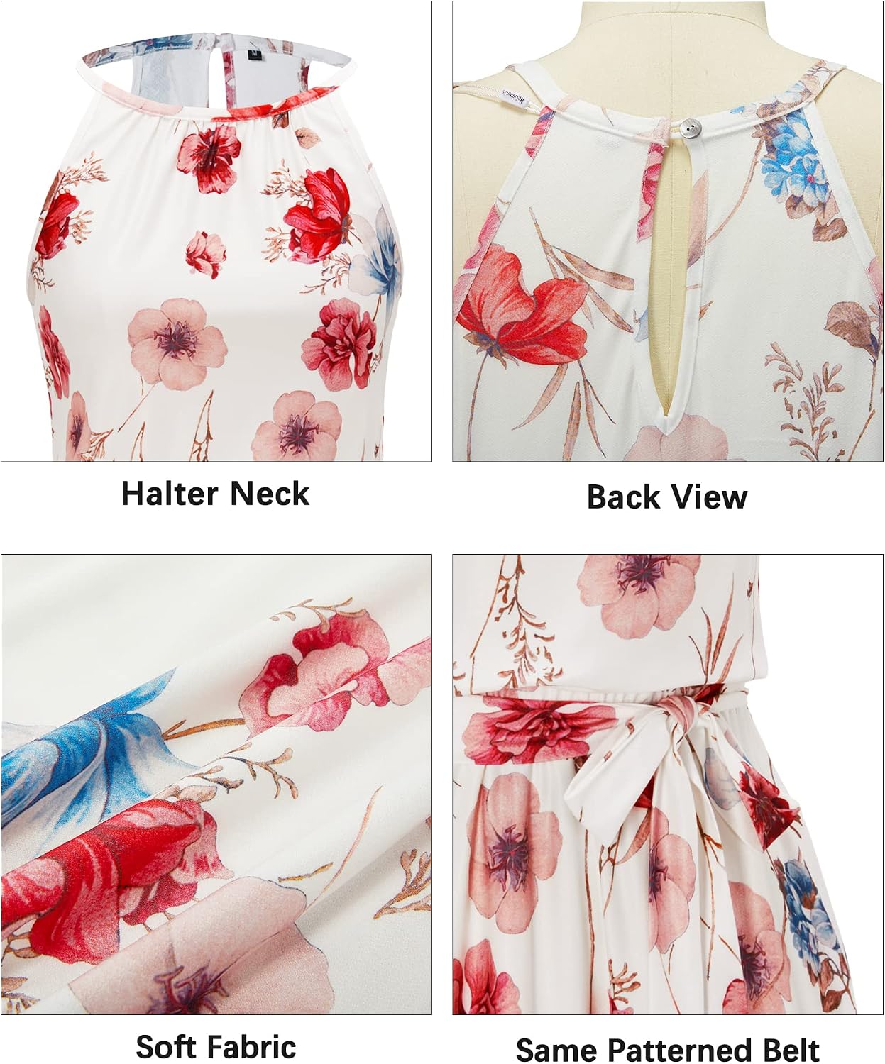 Newshows Sommarklänning för damer, halterneck-klänning, ärmlös klänning i ledig stil, solklänning med volang, klänning med fickor