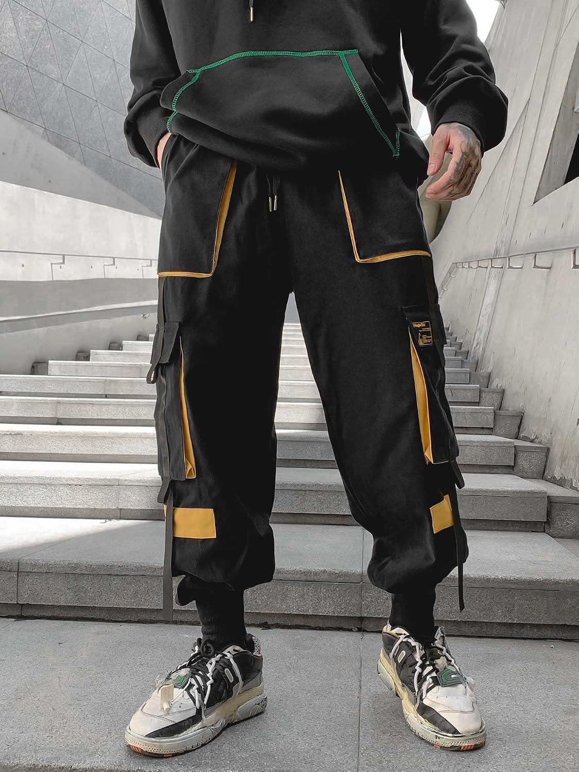 Herrjoggingbyxor punk cargo baggy techwear streetwear hiphop par kvinnor unisex sport vardagsbyxor, Svartgul, XL