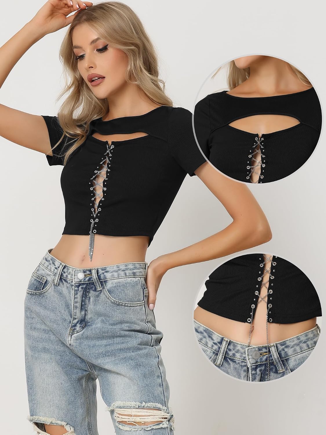 Allegra K damer crop-top ribbstickad sexy-kedja front kortärmad klubb party blus