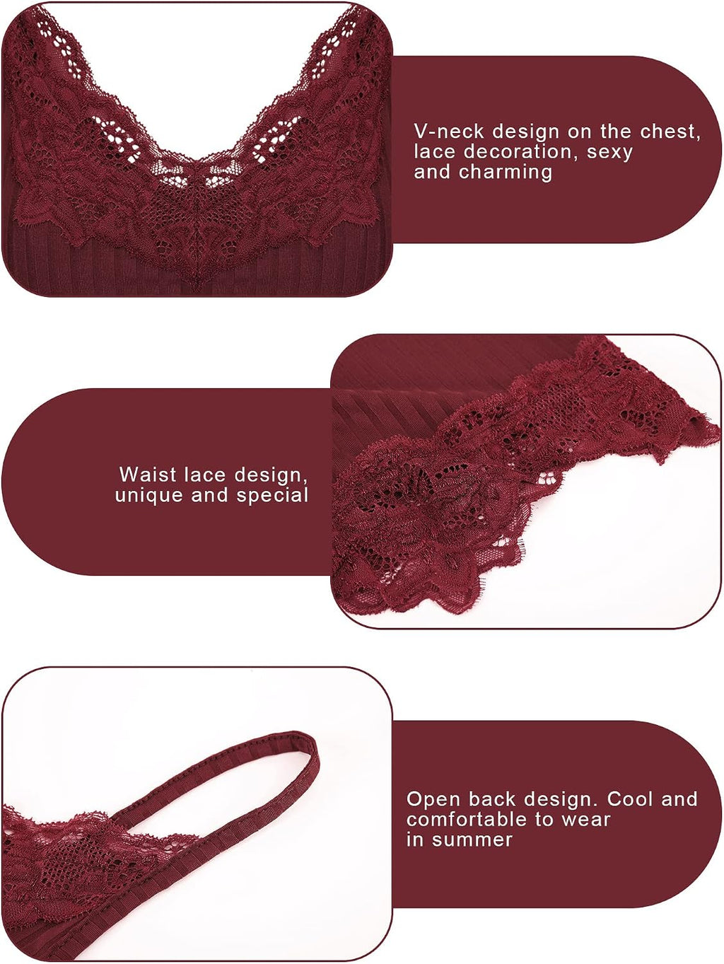 Bencailor 3 Pcs Women's Lace Tank Tops Y2k Camisole Lace Patchwork Crop Tops Grunge Style Ribbed Knitted Clothing(S,Burgundy, Navy Blue, Black)