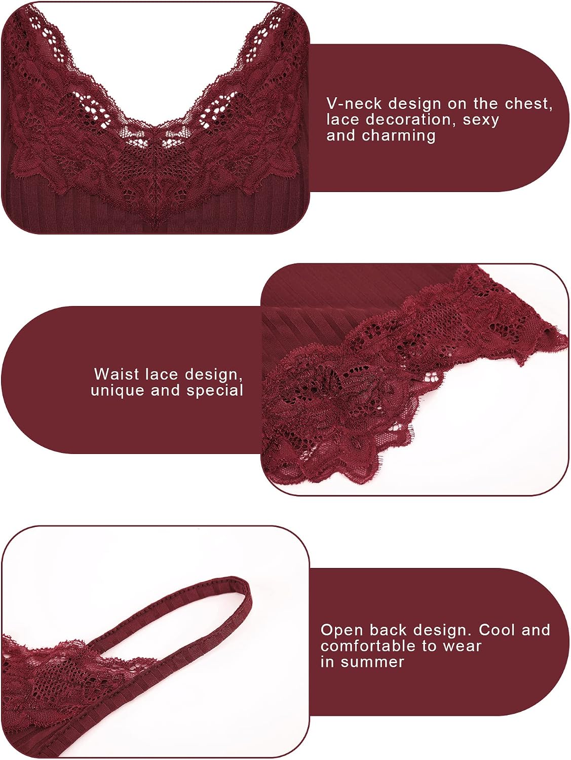 Bencailor 3 Pcs Women's Lace Tank Tops Y2k Camisole Lace Patchwork Crop Tops Grunge Style Ribbed Knitted Clothing(S,Burgundy, Navy Blue, Black)