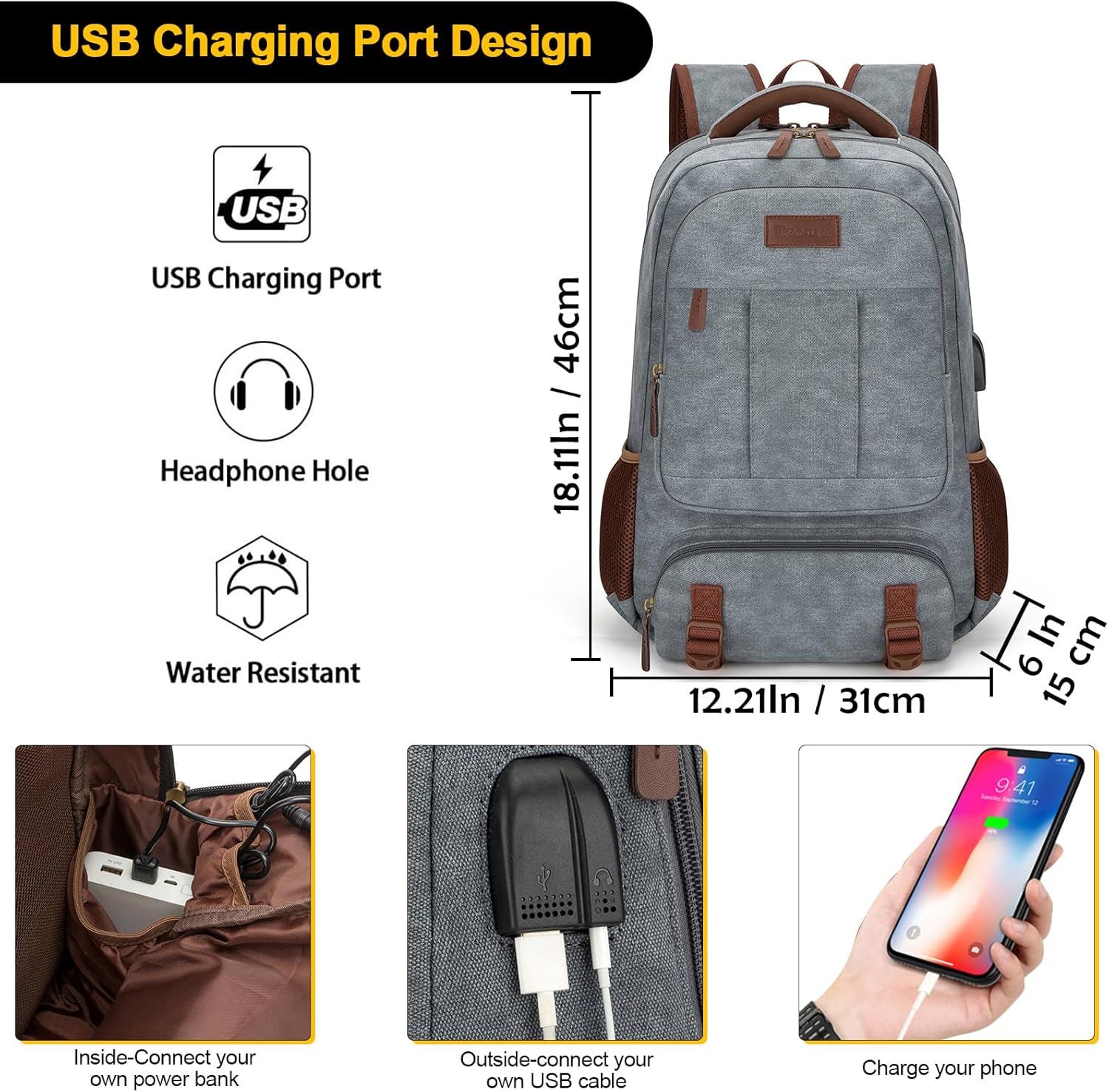 Tzowla Canvas Ryggsäckar för Laptop,Ryggsäck Skola Vandring för Herr och Dam,Reseryggsäck,Dator Bokväska Passar 15,6-17,3 Tum Bärbar Dator med USB Laddnings Port