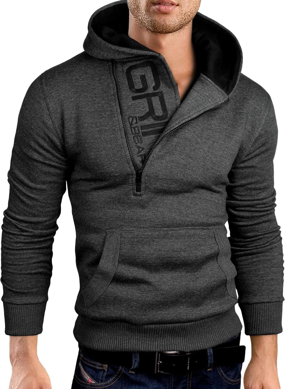Grin&Bear Slim Fit halv dragkedja huvtröja jacka broderad tröja, GEC401