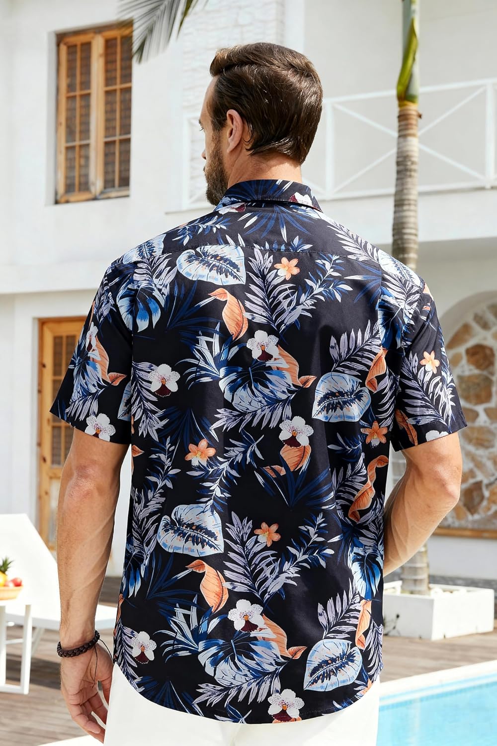 Enlision Funky Hawaii-skjorta för män, kortärmad, fritid, Hawaii-skjorta, tryck, ananas palmer, blommor, ledig, unisex, Hawaii-skjorta med framficka, S-2XL