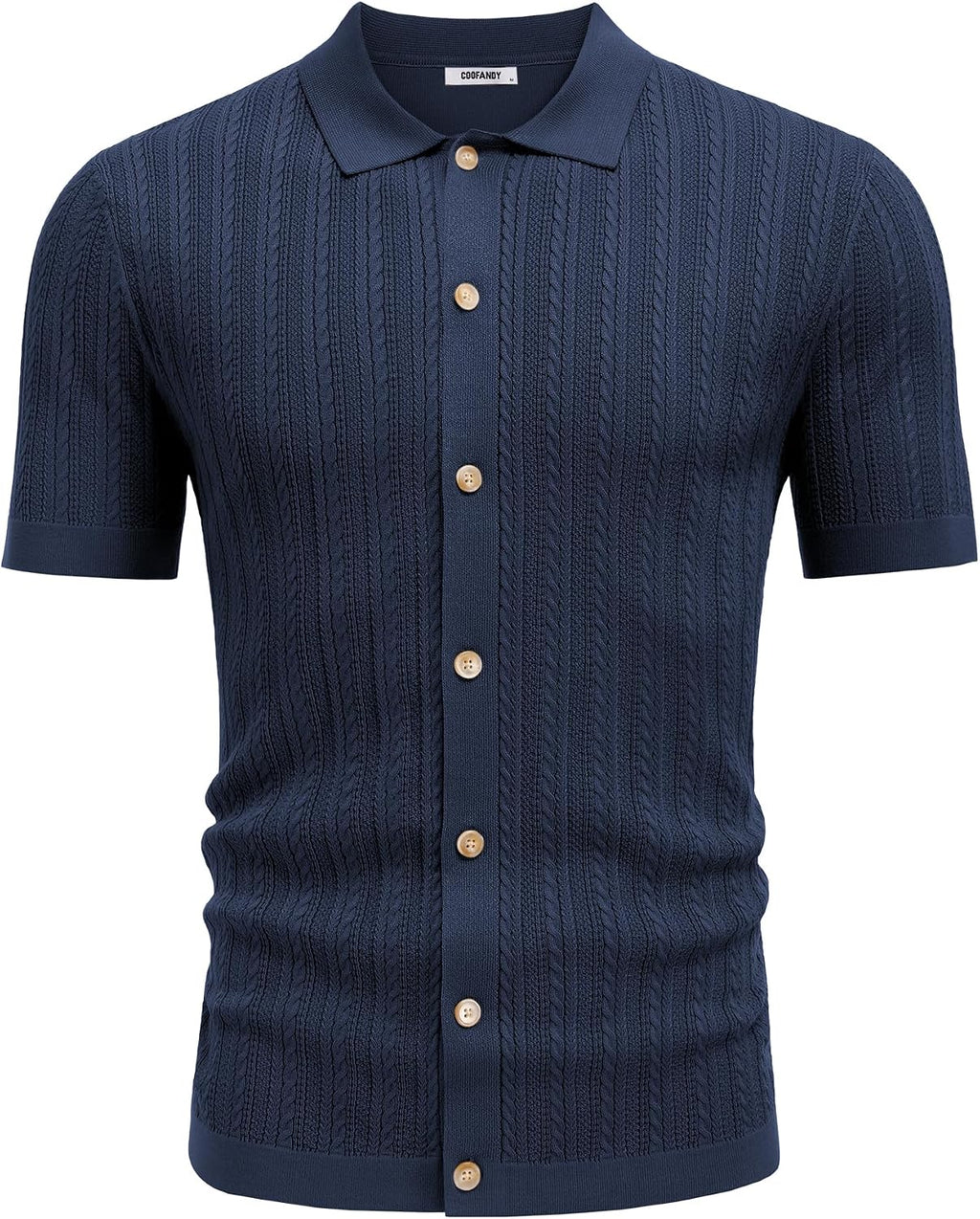 COOFANDY Herr kortärmad stickad pikétröja stretch kabel stickad full knapp golfskjorta polo t-shirt