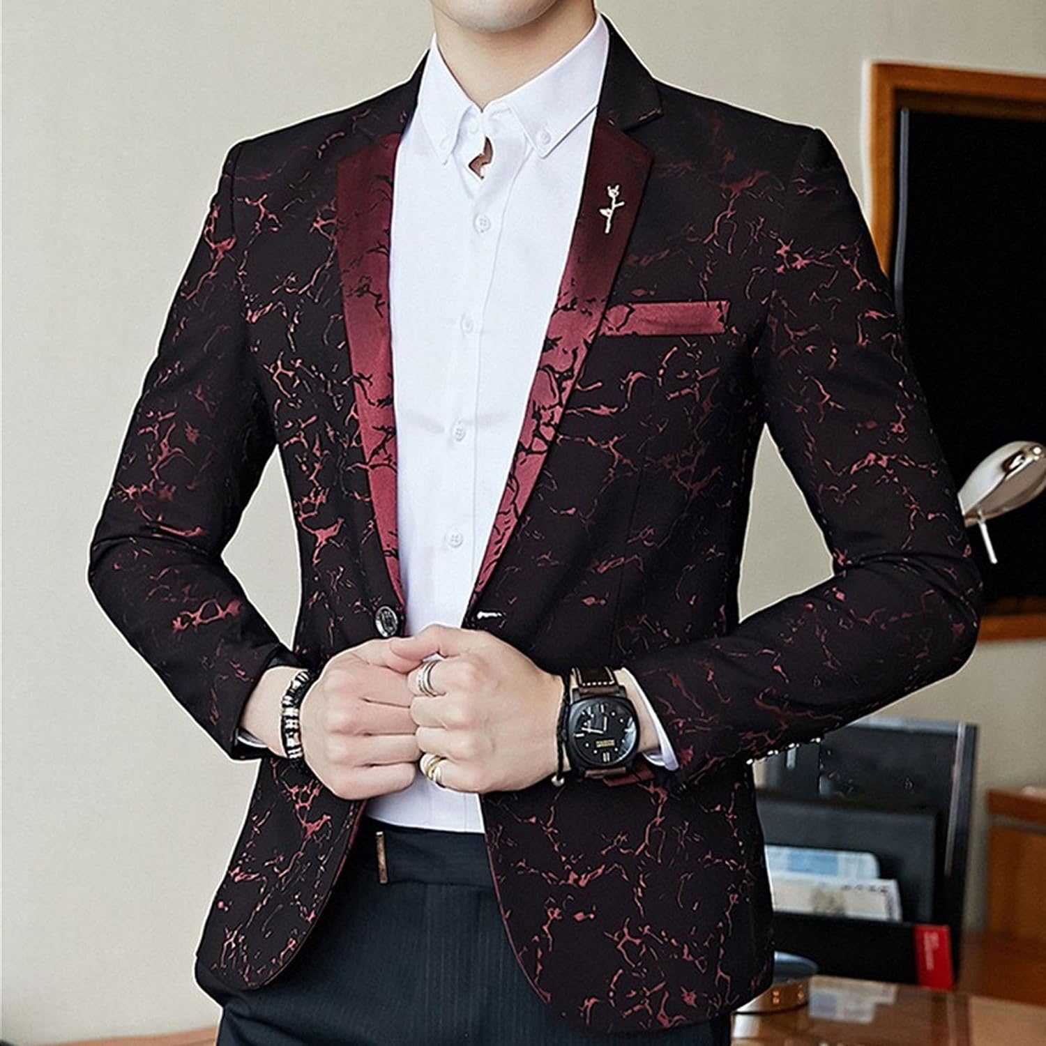Herrtryck formell klänning kostym jacka blommig jacquard tux blazer middag fest bal bröllop kostym jacka