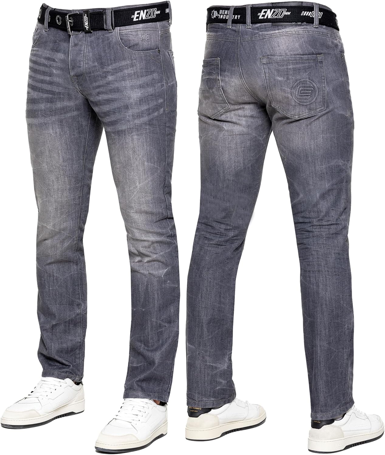 989Zé ENZO Herrjeans klassiska raka ben vardaglig bomull normal passform denim byxor gratis bälte
